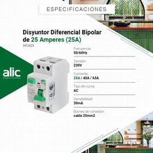 Cargar imagen en el visor de la galería, Disyuntor Diferencial Bipolar 2x25a -