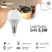 Cargar imagen en el visor de la galería, Lámpara Led Gota E14 5,5w Cálida Werke - Pack X 10 Un.
