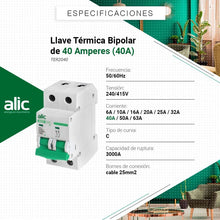 Cargar imagen en el visor de la galería, Llave Termica Termomagnetica Bipolar 2p De  6 A 63 Amperes
