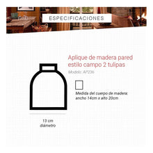 Cargar imagen en el visor de la galería, Aplique De Madera Pared Estilo Campo 2 Luces Tulipa Vidrio
