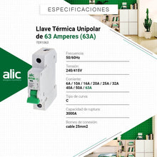 Cargar imagen en el visor de la galería, Llave Termica Termomagnetica  Unipolar  De  6  A 63 Ampere
