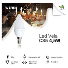 Cargar imagen en el visor de la galería, Led Vela C35 4,5w Luz Cálida E14 - Lm360-160°-x 10 U
